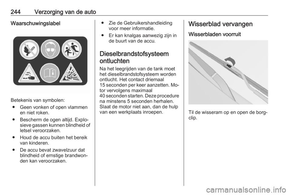 OPEL INSIGNIA 2016.5  Gebruikershandleiding (in Dutch) 244Verzorging van de autoWaarschuwingslabel
Betekenis van symbolen:● Geen vonken of open vlammen en niet roken.
● Bescherm de ogen altijd. Explo‐ sieve gassen kunnen blindheid of
letsel veroorza