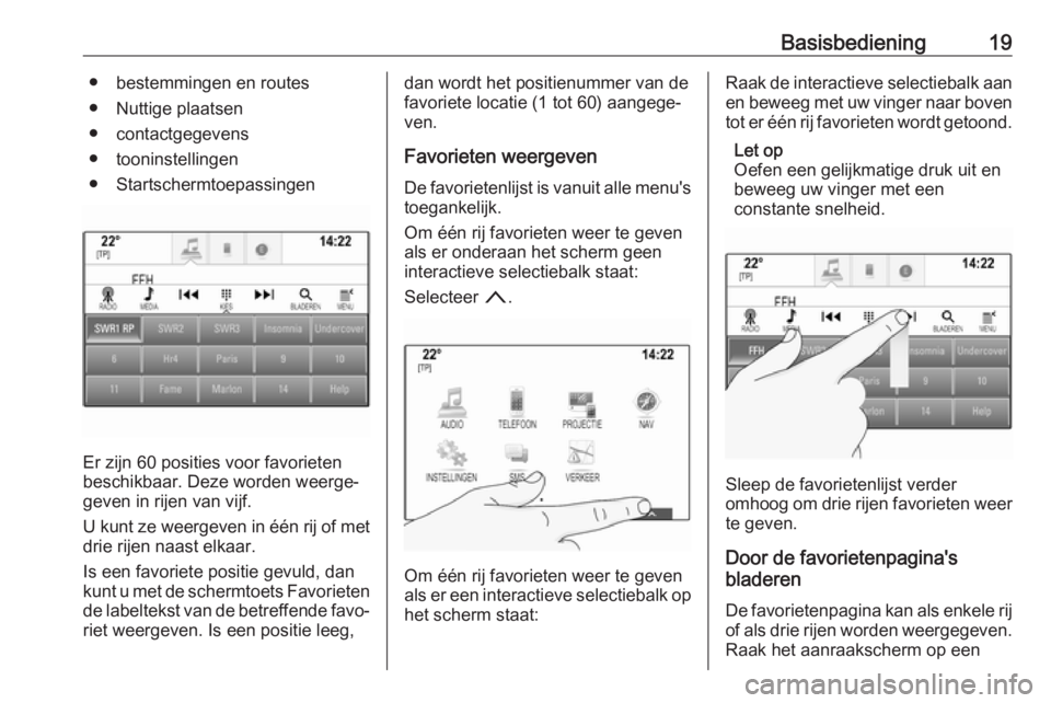 OPEL INSIGNIA 2017  Handleiding Infotainment (in Dutch) Basisbediening19● bestemmingen en routes
● Nuttige plaatsen
● contactgegevens
● tooninstellingen
● Startschermtoepassingen
Er zijn 60 posities voor favorieten
beschikbaar. Deze worden weerge