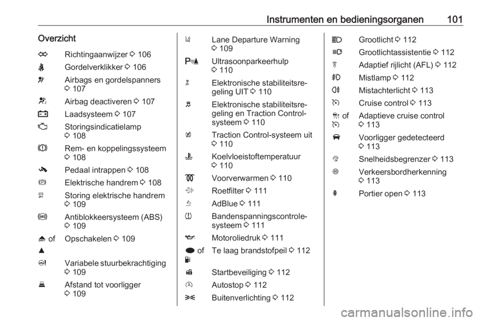 OPEL INSIGNIA 2017  Gebruikershandleiding (in Dutch) Instrumenten en bedieningsorganen101OverzichtORichtingaanwijzer 3 106XGordelverklikker  3 106vAirbags en gordelspanners
3  107VAirbag deactiveren  3 107pLaadsysteem  3 107ZStoringsindicatielamp
3  108