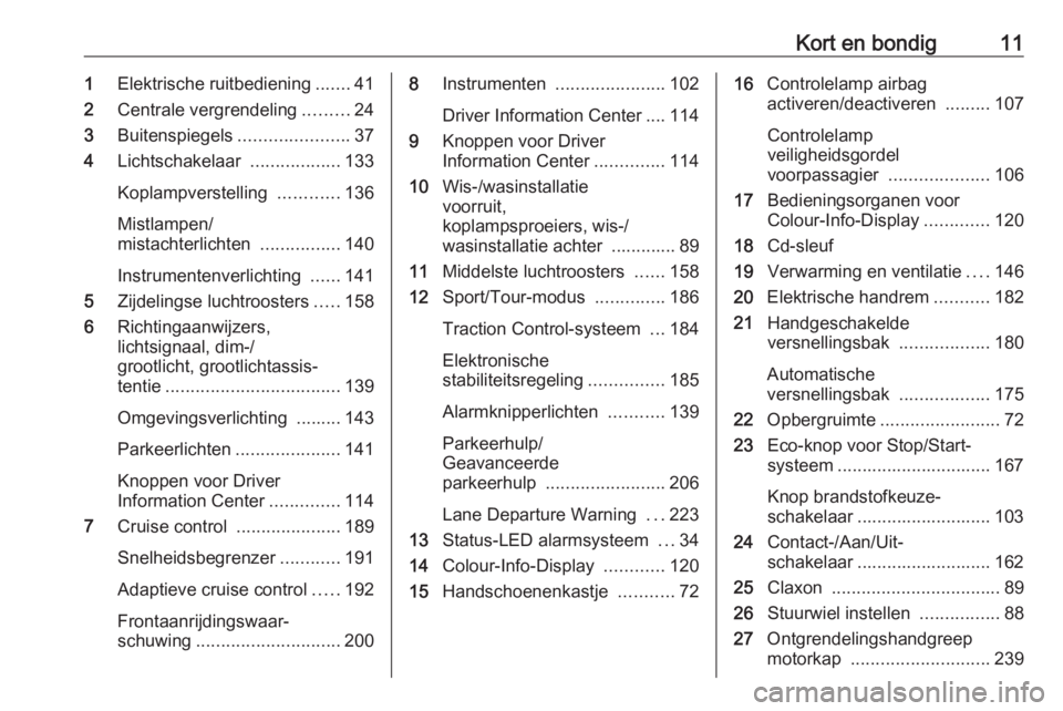 OPEL INSIGNIA 2017  Gebruikershandleiding (in Dutch) Kort en bondig111Elektrische ruitbediening .......41
2 Centrale vergrendeling .........24
3 Buitenspiegels ......................37
4 Lichtschakelaar  ..................133
Koplampverstelling  .......
