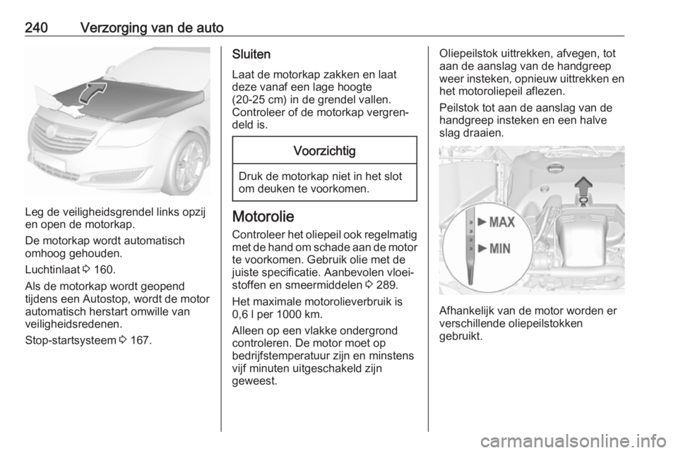OPEL INSIGNIA 2017 Gebruikershandleiding (in Dutch) 240Verzorging van de auto
Leg de veiligheidsgrendel links opzij
en open de motorkap.
De motorkap wordt automatisch
omhoog gehouden.
Luchtinlaat 3 160.
Als de motorkap wordt geopend
tijdens een Autost OPEL INSIGNIA 2017 Gebruikershandleiding (in Dutch) 240Verzorging van de auto
Leg de veiligheidsgrendel links opzij
en open de motorkap.
De motorkap wordt automatisch
omhoog gehouden.
Luchtinlaat 3 160.
Als de motorkap wordt geopend
tijdens een Autost