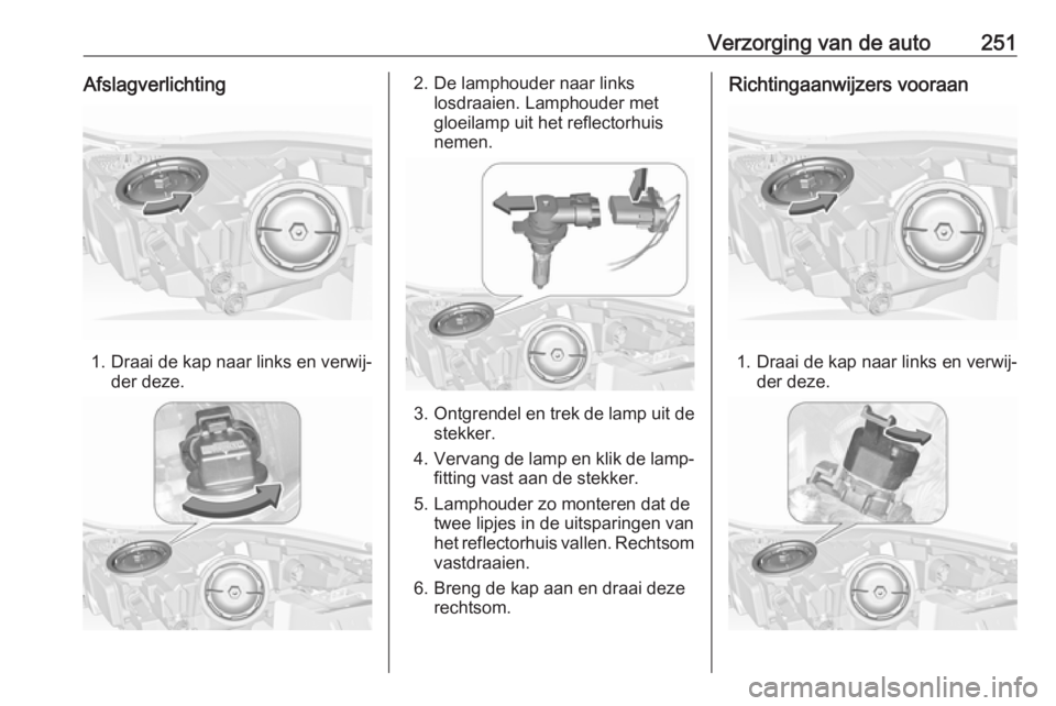 OPEL INSIGNIA 2017  Gebruikershandleiding (in Dutch) Verzorging van de auto251Afslagverlichting
1. Draai de kap naar links en verwij‐der deze.
2. De lamphouder naar links losdraaien. Lamphouder met
gloeilamp uit het reflectorhuis
nemen.
3. Ontgrendel 