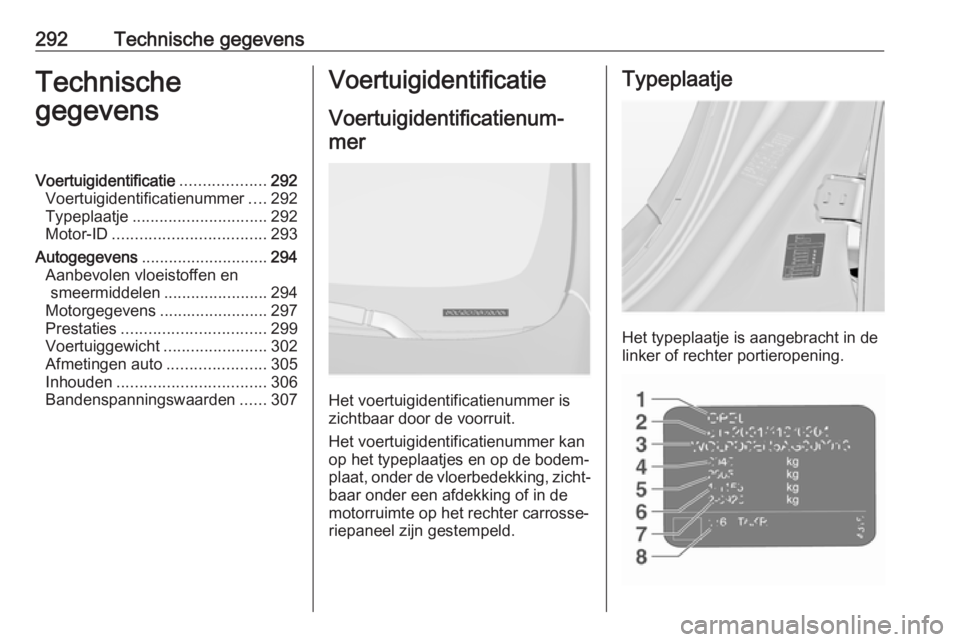 OPEL INSIGNIA 2017  Gebruikershandleiding (in Dutch) 292Technische gegevensTechnische
gegevensVoertuigidentificatie ...................292
Voertuigidentificatienummer ....292
Typeplaatje .............................. 292
Motor-ID ......................