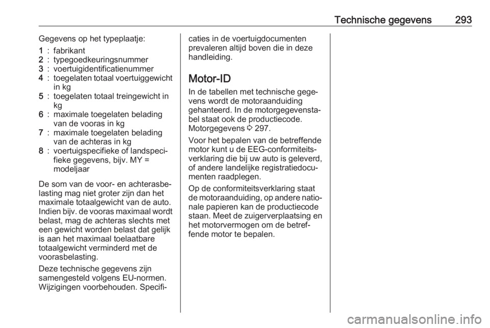 OPEL INSIGNIA 2017  Gebruikershandleiding (in Dutch) Technische gegevens293Gegevens op het typeplaatje:1:fabrikant2:typegoedkeuringsnummer3:voertuigidentificatienummer4:toegelaten totaal voertuiggewicht
in kg5:toegelaten totaal treingewicht in
kg6:maxim