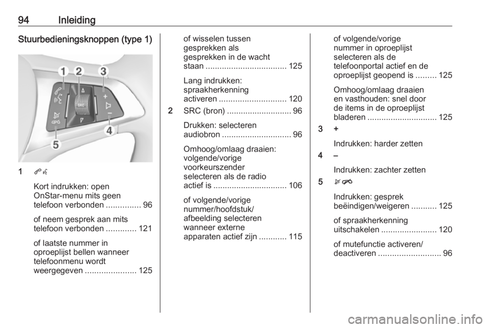 OPEL INSIGNIA BREAK 2017.5 Handleiding Infotainment (in Dutch) 94InleidingStuurbedieningsknoppen (type 1)
1qw
Kort indrukken: open
OnStar-menu mits geen
telefoon verbonden ...............96
of neem gesprek aan mits
telefoon verbonden .............121
of laatste n OPEL INSIGNIA BREAK 2017.5 Handleiding Infotainment (in Dutch) 94InleidingStuurbedieningsknoppen (type 1)
1qw
Kort indrukken: open
OnStar-menu mits geen
telefoon verbonden ...............96
of neem gesprek aan mits
telefoon verbonden .............121
of laatste n