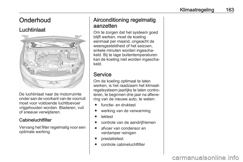 OPEL INSIGNIA BREAK 2017.75  Gebruikershandleiding (in Dutch) Klimaatregeling163Onderhoud
Luchtinlaat
De luchtinlaat naar de motorruimte
onder aan de voorkant van de voorruit
moet voor voldoende luchttoevoer
vrijgehouden worden. Bladeren, vuil
of sneeuw verwijde