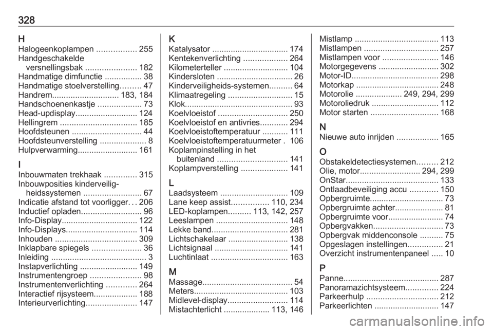 OPEL INSIGNIA BREAK 2017.75 Gebruikershandleiding (in Dutch) 328HHalogeenkoplampen .................255
Handgeschakelde versnellingsbak ......................182
Handmatige dimfunctie ................38
Handmatige stoelverstelling .........47
Handrem ....... OPEL INSIGNIA BREAK 2017.75 Gebruikershandleiding (in Dutch) 328HHalogeenkoplampen .................255
Handgeschakelde versnellingsbak ......................182
Handmatige dimfunctie ................38
Handmatige stoelverstelling .........47
Handrem .......