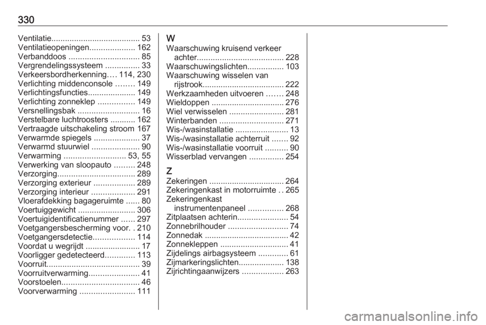 OPEL INSIGNIA BREAK 2017.75  Gebruikershandleiding (in Dutch) 330Ventilatie....................................... 53
Ventilatieopeningen ....................162
Verbanddoos  ............................... 85
Vergrendelingssysteem  ...............33
Verkeersbor