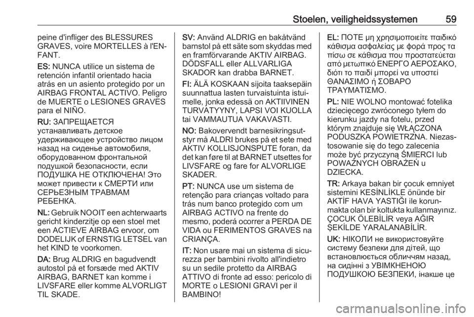 OPEL INSIGNIA BREAK 2017.75 Gebruikershandleiding (in Dutch) Stoelen, veiligheidssystemen59peine d'infliger des BLESSURES
GRAVES, voire MORTELLES à l'EN‐
FANT.
ES: NUNCA utilice un sistema de
retención infantil orientado hacia
atrás en un asiento OPEL INSIGNIA BREAK 2017.75 Gebruikershandleiding (in Dutch) Stoelen, veiligheidssystemen59peine d'infliger des BLESSURES
GRAVES, voire MORTELLES à l'EN‐
FANT.
ES: NUNCA utilice un sistema de
retención infantil orientado hacia
atrás en un asiento
