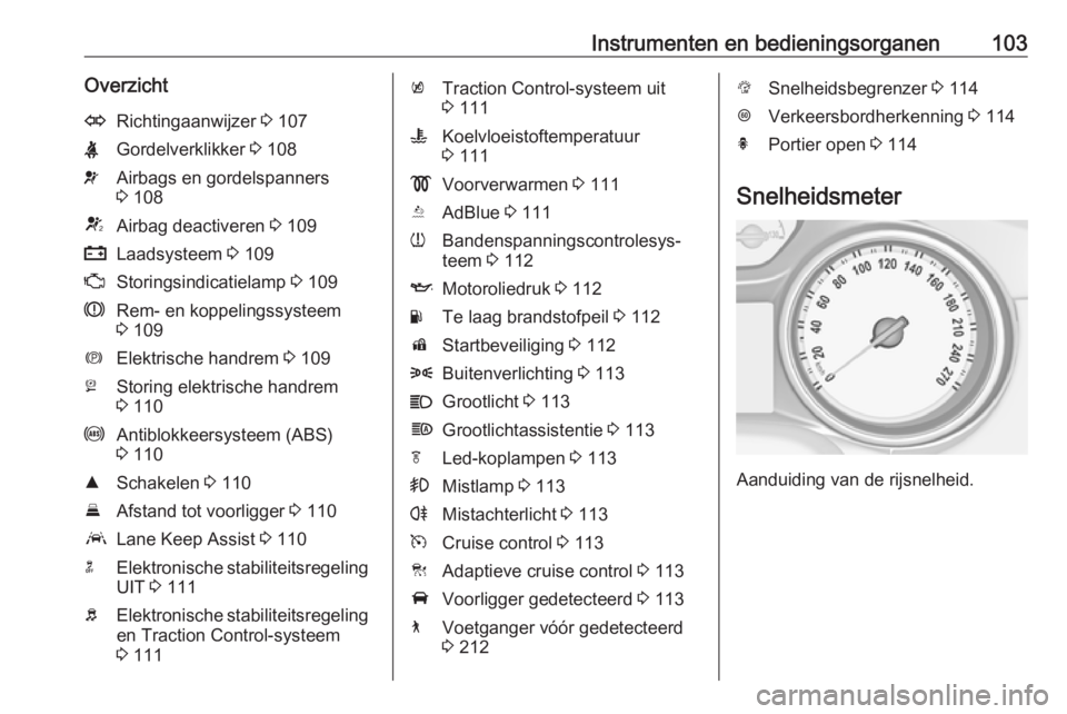 OPEL INSIGNIA BREAK 2018  Gebruikershandleiding (in Dutch) Instrumenten en bedieningsorganen103OverzichtORichtingaanwijzer 3 107XGordelverklikker  3 108vAirbags en gordelspanners
3  108VAirbag deactiveren  3 109pLaadsysteem  3 109ZStoringsindicatielamp  3 109