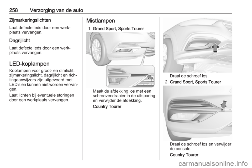 OPEL INSIGNIA BREAK 2018  Gebruikershandleiding (in Dutch) 258Verzorging van de autoZijmarkeringslichten
Laat defecte leds door een werk‐
plaats vervangen.
Dagrijlicht
Laat defecte leds door een werk‐
plaats vervangen.
LED-koplampen Koplampen voor groot- 