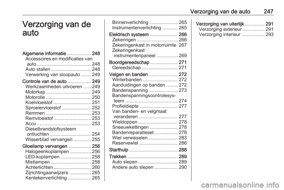 OPEL INSIGNIA BREAK 2018.5  Gebruikershandleiding (in Dutch) Verzorging van de auto247Verzorging van de
autoAlgemene informatie ..................248
Accessoires en modificaties van auto ........................................ 248
Auto stallen ................