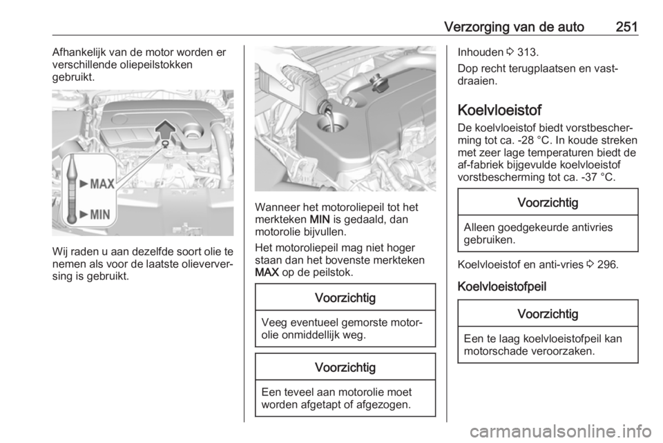 OPEL INSIGNIA BREAK 2018.5 Gebruikershandleiding (in Dutch) Verzorging van de auto251Afhankelijk van de motor worden erverschillende oliepeilstokken
gebruikt.
Wij raden u aan dezelfde soort olie te nemen als voor de laatste olieverver‐
sing is gebruikt.
Wann OPEL INSIGNIA BREAK 2018.5 Gebruikershandleiding (in Dutch) Verzorging van de auto251Afhankelijk van de motor worden erverschillende oliepeilstokken
gebruikt.
Wij raden u aan dezelfde soort olie te nemen als voor de laatste olieverver‐
sing is gebruikt.
Wann