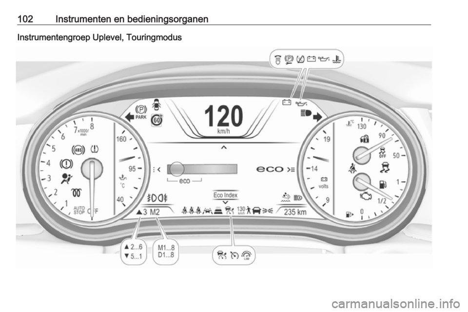 OPEL INSIGNIA BREAK 2019  Gebruikershandleiding (in Dutch) 102Instrumenten en bedieningsorganenInstrumentengroep Uplevel, Touringmodus  OPEL INSIGNIA BREAK 2019  Gebruikershandleiding (in Dutch) 102Instrumenten en bedieningsorganenInstrumentengroep Uplevel, Touringmodus