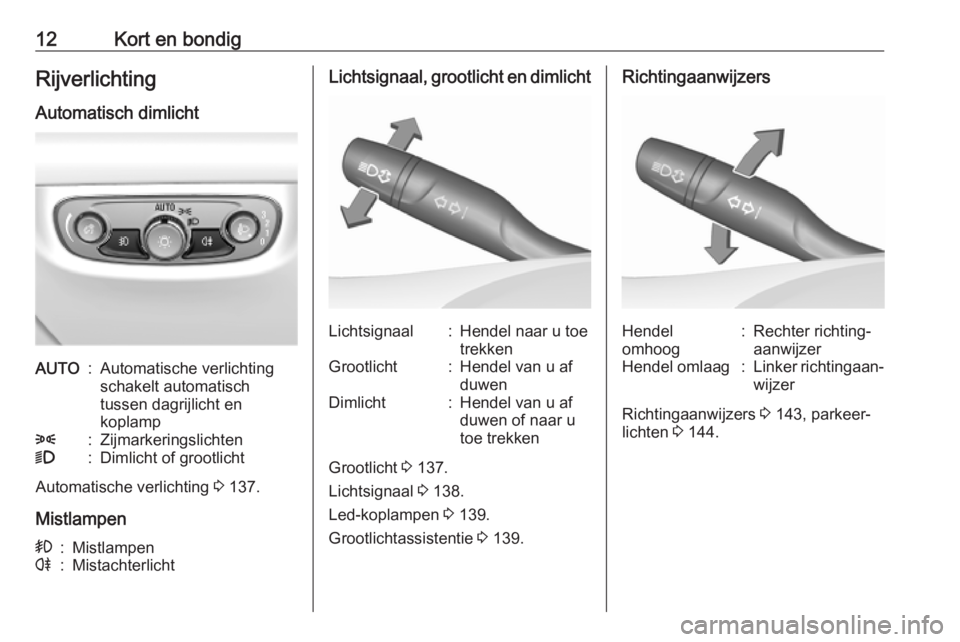 OPEL INSIGNIA BREAK 2019  Gebruikershandleiding (in Dutch) 12Kort en bondigRijverlichtingAutomatisch dimlichtAUTO:Automatische verlichting
schakelt automatisch
tussen dagrijlicht en
koplamp8:Zijmarkeringslichten9:Dimlicht of grootlicht
Automatische verlichtin