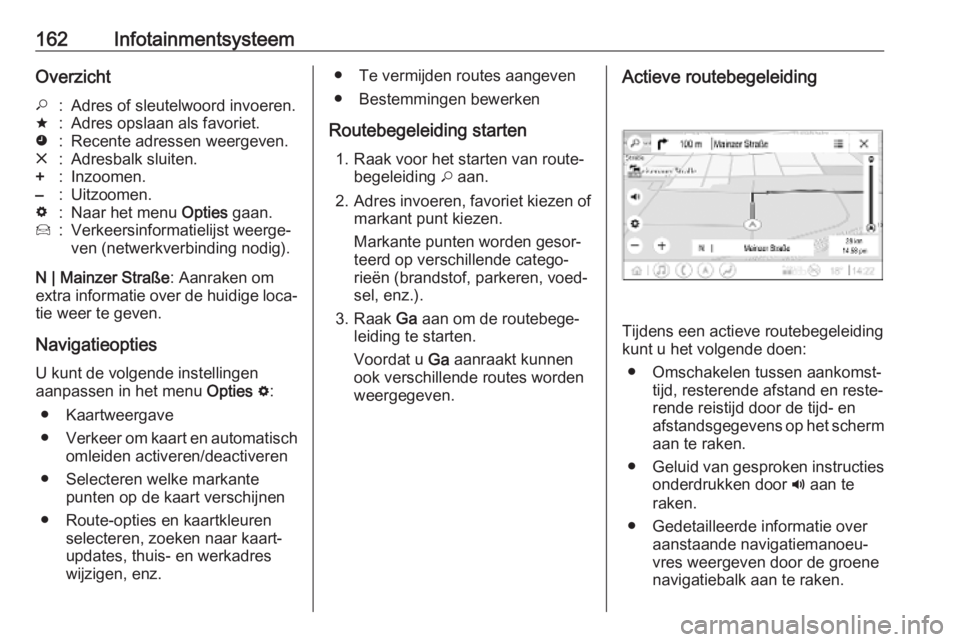 OPEL INSIGNIA BREAK 2019  Gebruikershandleiding (in Dutch) 162InfotainmentsysteemOverzicht*:Adres of sleutelwoord invoeren.;:Adres opslaan als favoriet.':Recente adressen weergeven.&:Adresbalk sluiten.+:Inzoomen.–:Uitzoomen.%:Naar het menu Opties gaan.7 OPEL INSIGNIA BREAK 2019  Gebruikershandleiding (in Dutch) 162InfotainmentsysteemOverzicht*:Adres of sleutelwoord invoeren.;:Adres opslaan als favoriet.':Recente adressen weergeven.&:Adresbalk sluiten.+:Inzoomen.–:Uitzoomen.%:Naar het menu Opties gaan.7