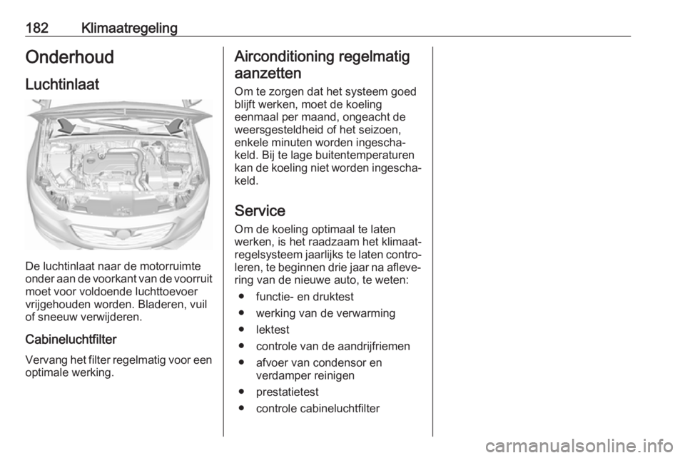 OPEL INSIGNIA BREAK 2019  Gebruikershandleiding (in Dutch) 182KlimaatregelingOnderhoud
Luchtinlaat
De luchtinlaat naar de motorruimte
onder aan de voorkant van de voorruit
moet voor voldoende luchttoevoer
vrijgehouden worden. Bladeren, vuil
of sneeuw verwijde OPEL INSIGNIA BREAK 2019  Gebruikershandleiding (in Dutch) 182KlimaatregelingOnderhoud
Luchtinlaat
De luchtinlaat naar de motorruimte
onder aan de voorkant van de voorruit
moet voor voldoende luchttoevoer
vrijgehouden worden. Bladeren, vuil
of sneeuw verwijde