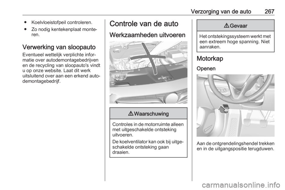 OPEL INSIGNIA BREAK 2019  Gebruikershandleiding (in Dutch) Verzorging van de auto267● Koelvloeistofpeil controleren.
● Zo nodig kentekenplaat monte‐ ren.
Verwerking van sloopauto
Eventueel wettelijk verplichte infor‐
matie over autodemontagebedrijven
