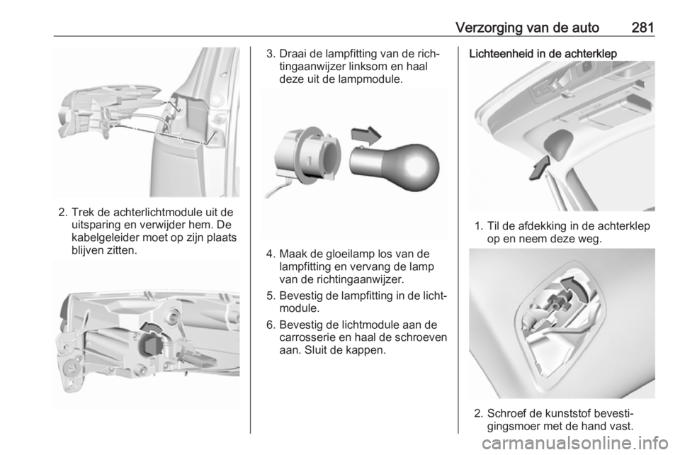 OPEL INSIGNIA BREAK 2019  Gebruikershandleiding (in Dutch) Verzorging van de auto281
2. Trek de achterlichtmodule uit deuitsparing en verwijder hem. De
kabelgeleider moet op zijn plaats
blijven zitten.
3. Draai de lampfitting van de rich‐ tingaanwijzer link