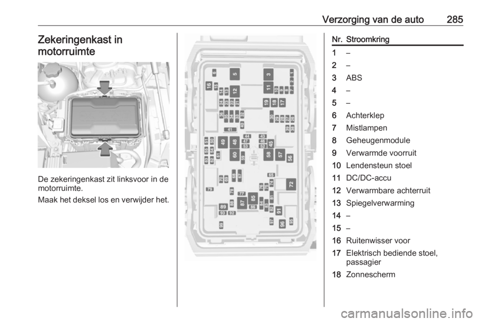 OPEL INSIGNIA BREAK 2019  Gebruikershandleiding (in Dutch) Verzorging van de auto285Zekeringenkast inmotorruimte
De zekeringenkast zit linksvoor in de
motorruimte.
Maak het deksel los en verwijder het.
Nr.Stroomkring1–2–3ABS4–5–6Achterklep7Mistlampen8