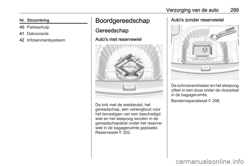 OPEL INSIGNIA BREAK 2019  Gebruikershandleiding (in Dutch) Verzorging van de auto289Nr.Stroomkring40Parkeerhulp41Dakconsole42InfotainmentsysteemBoordgereedschapGereedschap
Auto's met reservewiel
De krik met de wielsleutel, het
gereedschap, een verlengbout OPEL INSIGNIA BREAK 2019  Gebruikershandleiding (in Dutch) Verzorging van de auto289Nr.Stroomkring40Parkeerhulp41Dakconsole42InfotainmentsysteemBoordgereedschapGereedschap
Auto's met reservewiel
De krik met de wielsleutel, het
gereedschap, een verlengbout