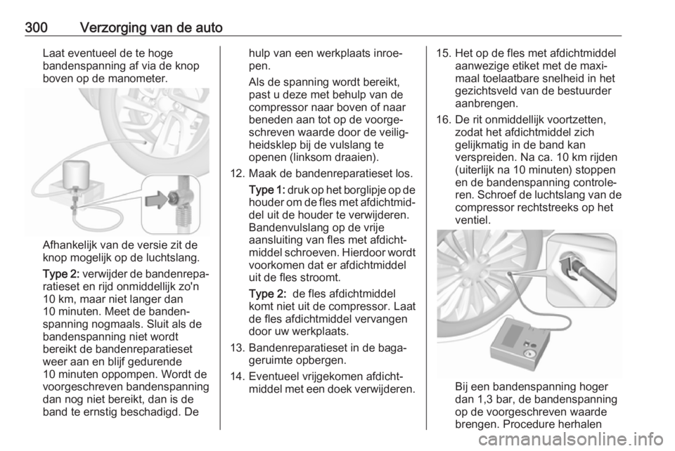 OPEL INSIGNIA BREAK 2019  Gebruikershandleiding (in Dutch) 300Verzorging van de autoLaat eventueel de te hoge
bandenspanning af via de knop
boven op de manometer.
Afhankelijk van de versie zit de
knop mogelijk op de luchtslang.
Type 2:  verwijder de bandenrep