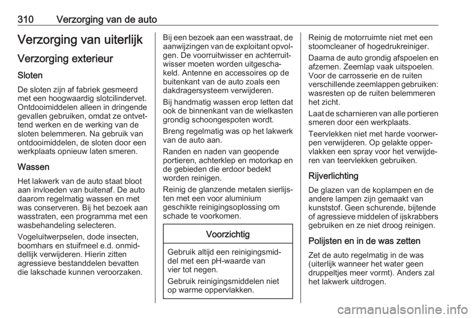 OPEL INSIGNIA BREAK 2019  Gebruikershandleiding (in Dutch) 310Verzorging van de autoVerzorging van uiterlijkVerzorging exterieur
Sloten
De sloten zijn af fabriek gesmeerd
met een hoogwaardig slotcilindervet. Ontdooimiddelen alleen in dringendegevallen gebruik