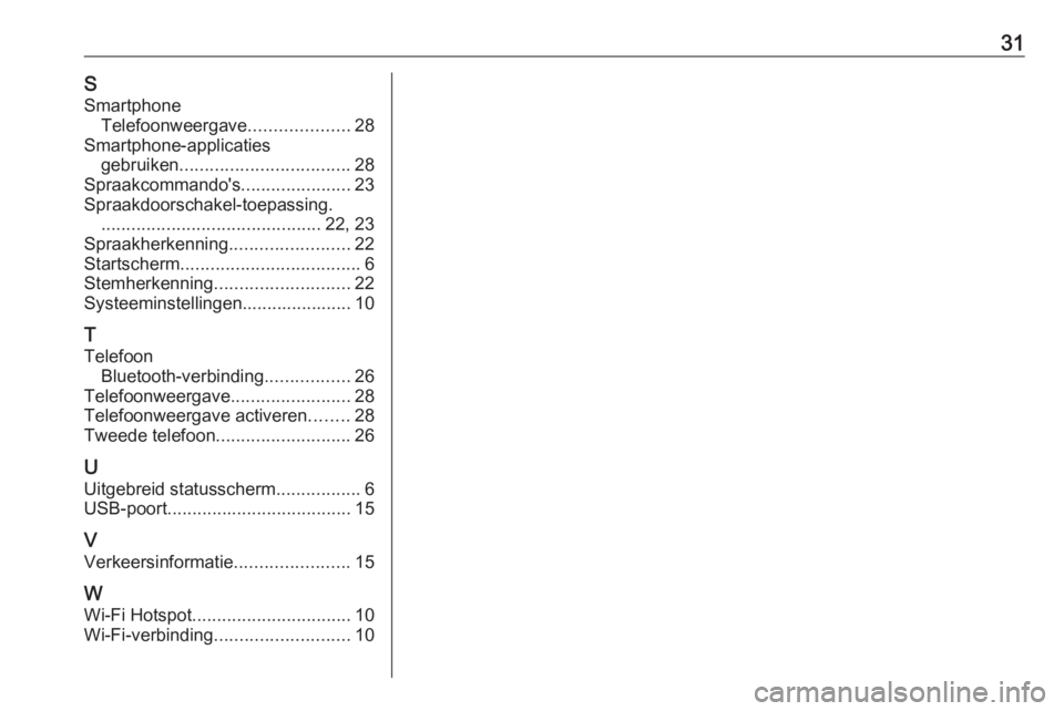 OPEL INSIGNIA BREAK 2019.5  Handleiding Infotainment (in Dutch) 31SSmartphone Telefoonweergave ....................28
Smartphone-applicaties gebruiken .................................. 28
Spraakcommando's ......................23
Spraakdoorschakel-toepassing.