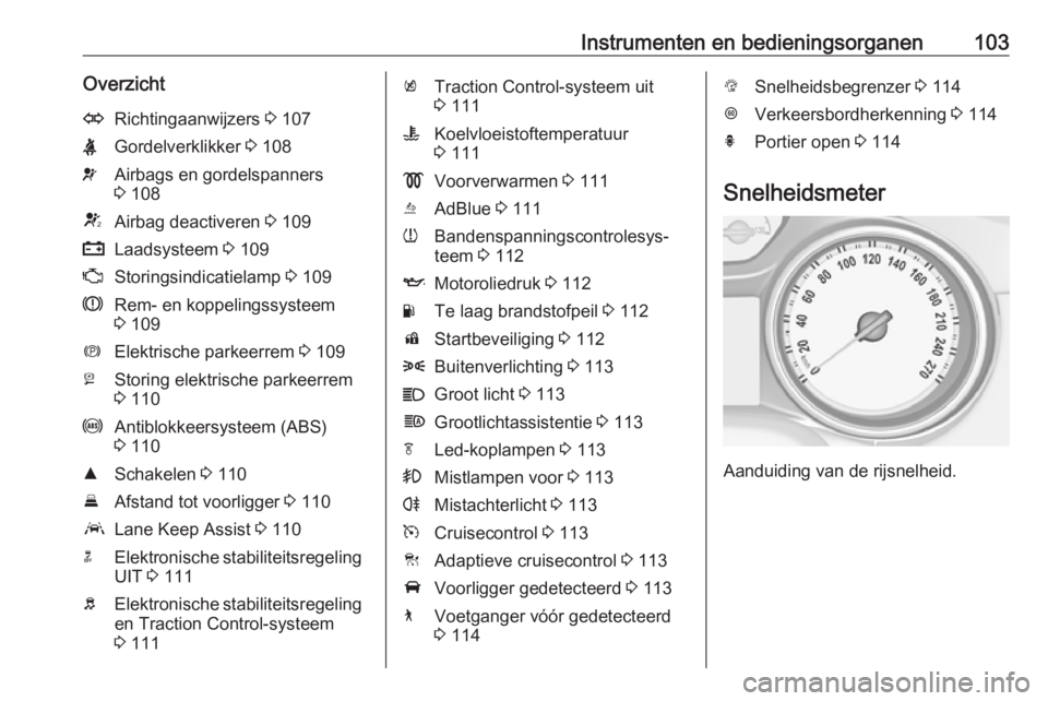 OPEL INSIGNIA BREAK 2019.5  Gebruikershandleiding (in Dutch) Instrumenten en bedieningsorganen103OverzichtORichtingaanwijzers 3 107XGordelverklikker  3 108vAirbags en gordelspanners
3  108VAirbag deactiveren  3 109pLaadsysteem  3 109ZStoringsindicatielamp  3 10