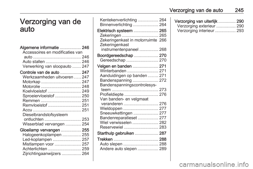 OPEL INSIGNIA BREAK 2019.5 Gebruikershandleiding (in Dutch) Verzorging van de auto245Verzorging van de
autoAlgemene informatie ..................246
Accessoires en modificaties van auto ........................................ 246
Auto stallen ................ OPEL INSIGNIA BREAK 2019.5 Gebruikershandleiding (in Dutch) Verzorging van de auto245Verzorging van de
autoAlgemene informatie ..................246
Accessoires en modificaties van auto ........................................ 246
Auto stallen ................