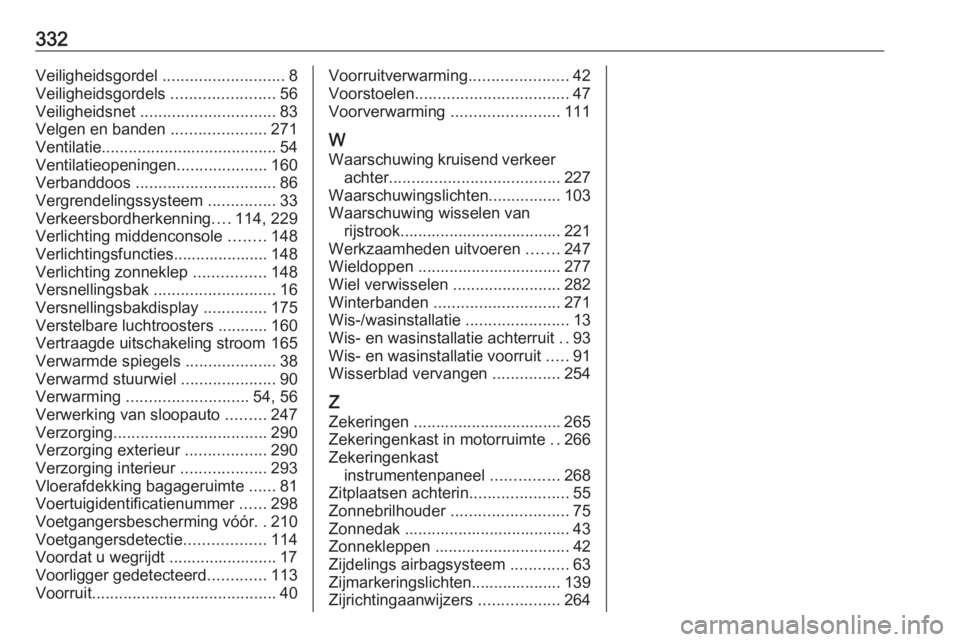 OPEL INSIGNIA BREAK 2019.5  Gebruikershandleiding (in Dutch) 332Veiligheidsgordel ...........................8
Veiligheidsgordels  .......................56
Veiligheidsnet  .............................. 83
Velgen en banden  .....................271
Ventilatie 