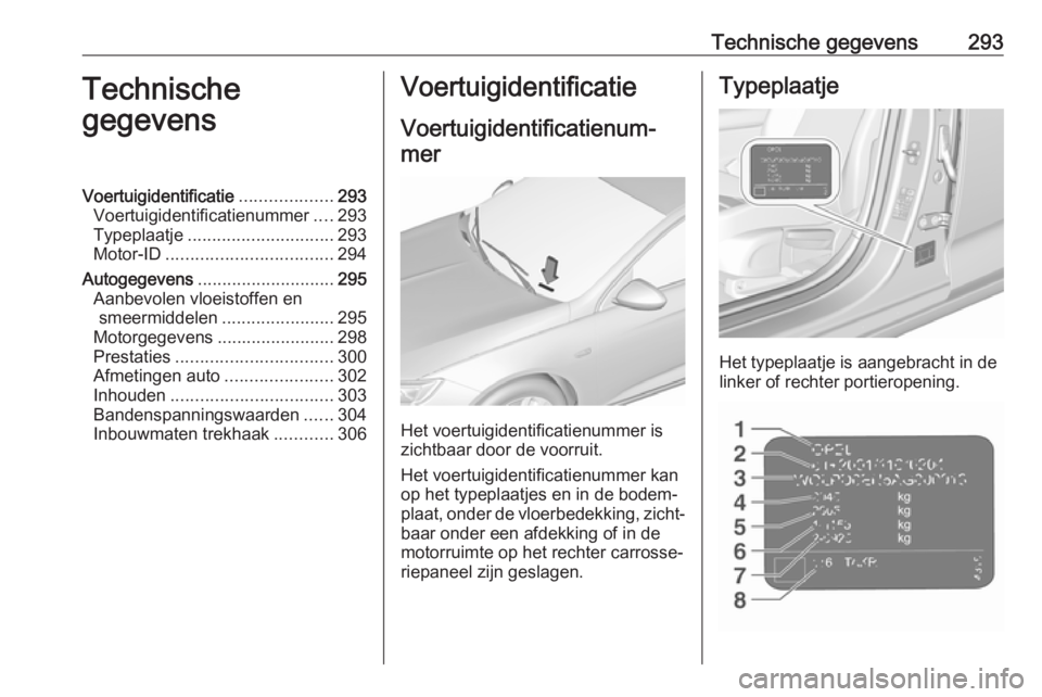 OPEL INSIGNIA BREAK 2020 Gebruikershandleiding (in Dutch) Technische gegevens293Technische
gegevensVoertuigidentificatie ...................293
Voertuigidentificatienummer ....293
Typeplaatje .............................. 293
Motor-ID ...................... OPEL INSIGNIA BREAK 2020 Gebruikershandleiding (in Dutch) Technische gegevens293Technische
gegevensVoertuigidentificatie ...................293
Voertuigidentificatienummer ....293
Typeplaatje .............................. 293
Motor-ID ......................