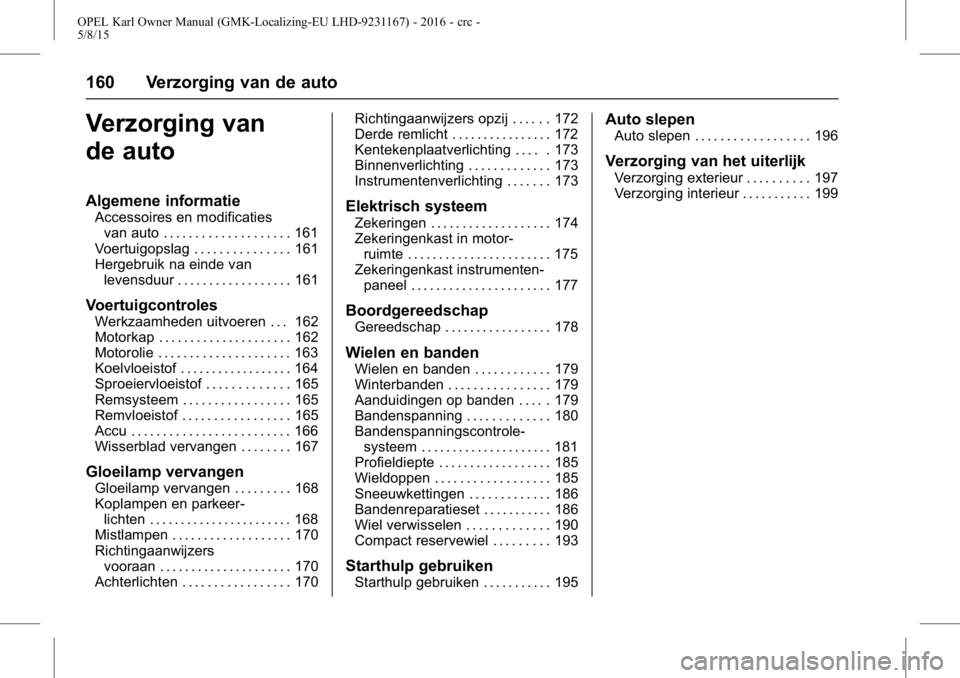 OPEL KARL 2015.75  Gebruikershandleiding (in Dutch) OPEL Karl Owner Manual (GMK-Localizing-EU LHD-9231167) - 2016 - crc -
5/8/15
160 Verzorging van de auto
Verzorging van
de auto
Algemene informatie
Accessoires en modificatiesvan auto . . . . . . . . .