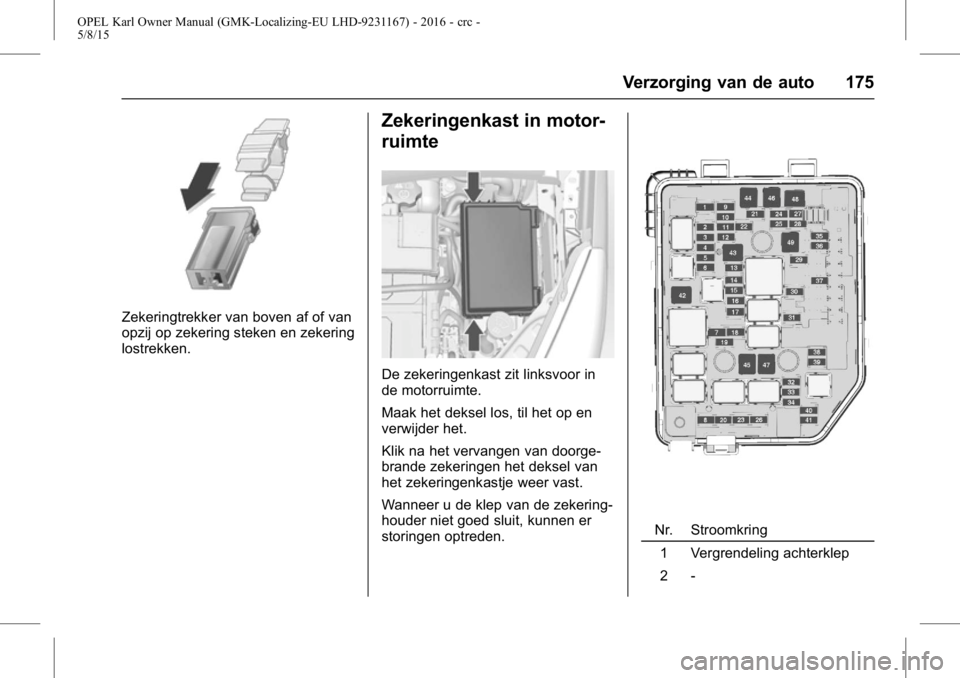 OPEL KARL 2015.75 Gebruikershandleiding (in Dutch) OPEL Karl Owner Manual (GMK-Localizing-EU LHD-9231167) - 2016 - crc -
5/8/15
Verzorging van de auto 175
Zekeringtrekker van boven af of van
opzij op zekering steken en zekering
lostrekken.
Zekeringenk OPEL KARL 2015.75 Gebruikershandleiding (in Dutch) OPEL Karl Owner Manual (GMK-Localizing-EU LHD-9231167) - 2016 - crc -
5/8/15
Verzorging van de auto 175
Zekeringtrekker van boven af of van
opzij op zekering steken en zekering
lostrekken.
Zekeringenk