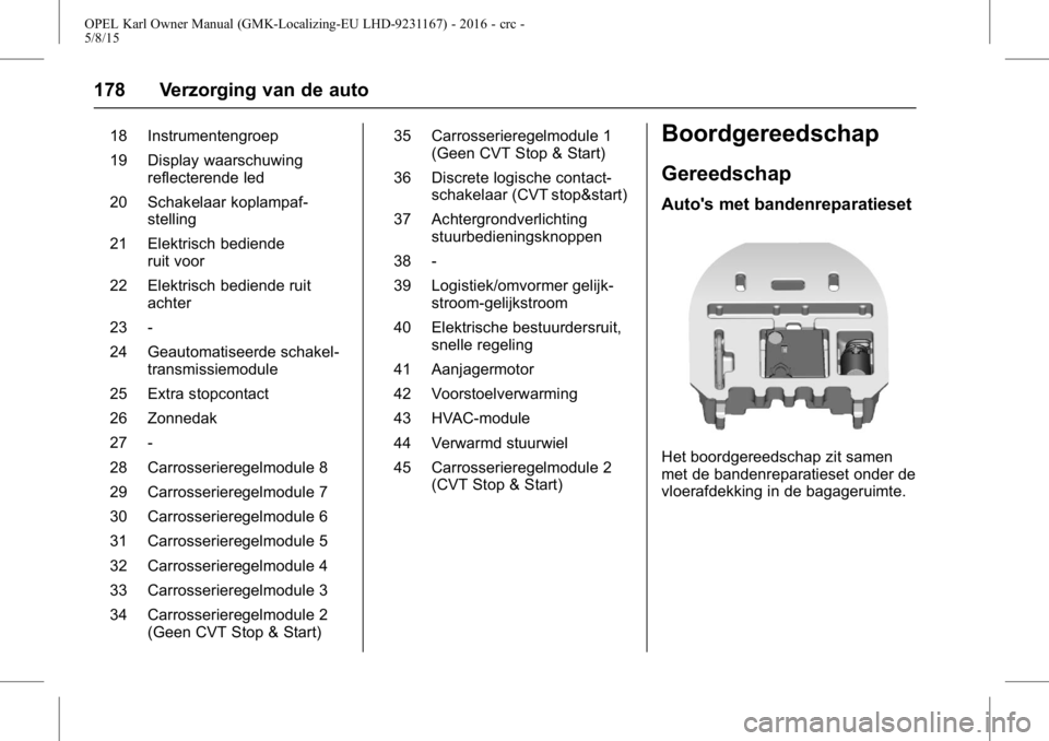 OPEL KARL 2015.75 Gebruikershandleiding (in Dutch) OPEL Karl Owner Manual (GMK-Localizing-EU LHD-9231167) - 2016 - crc -
5/8/15
178 Verzorging van de auto
18 Instrumentengroep
19 Display waarschuwingreflecterende led
20 Schakelaar koplampaf- stelling
OPEL KARL 2015.75 Gebruikershandleiding (in Dutch) OPEL Karl Owner Manual (GMK-Localizing-EU LHD-9231167) - 2016 - crc -
5/8/15
178 Verzorging van de auto
18 Instrumentengroep
19 Display waarschuwingreflecterende led
20 Schakelaar koplampaf- stelling