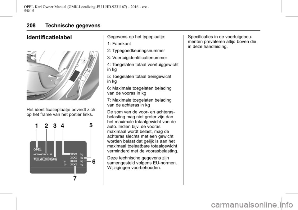 OPEL KARL 2015.75  Gebruikershandleiding (in Dutch) OPEL Karl Owner Manual (GMK-Localizing-EU LHD-9231167) - 2016 - crc -
5/8/15
208 Technische gegevens
Identificatielabel
Het identificatieplaatje bevindt zich
op het frame van het portier links.
Gegeve