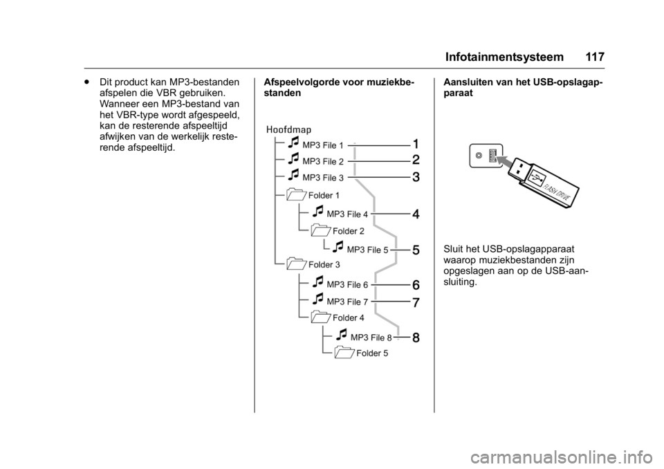 OPEL KARL 2016 Gebruikershandleiding (in Dutch) OPEL Karl Owner Manual (GMK-Localizing-EU LHD-9231167) - 2016 - crc -
9/10/15
Infotainmentsysteem 117
.Dit product kan MP3-bestanden
afspelen die VBR gebruiken.
Wanneer een MP3-bestand van
het VBR-typ OPEL KARL 2016 Gebruikershandleiding (in Dutch) OPEL Karl Owner Manual (GMK-Localizing-EU LHD-9231167) - 2016 - crc -
9/10/15
Infotainmentsysteem 117
.Dit product kan MP3-bestanden
afspelen die VBR gebruiken.
Wanneer een MP3-bestand van
het VBR-typ