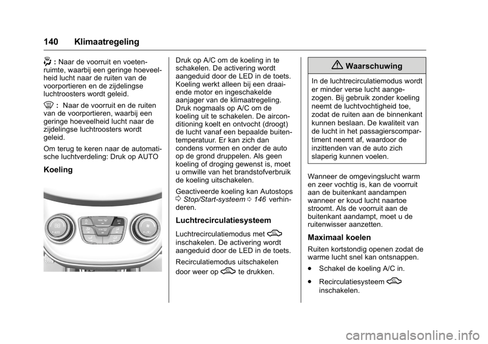 OPEL KARL 2016  Gebruikershandleiding (in Dutch) OPEL Karl Owner Manual (GMK-Localizing-EU LHD-9231167) - 2016 - crc -
9/10/15
140 Klimaatregeling
-:Naar de voorruit en voeten-
ruimte, waarbij een geringe hoeveel-
heid lucht naar de ruiten van de
vo