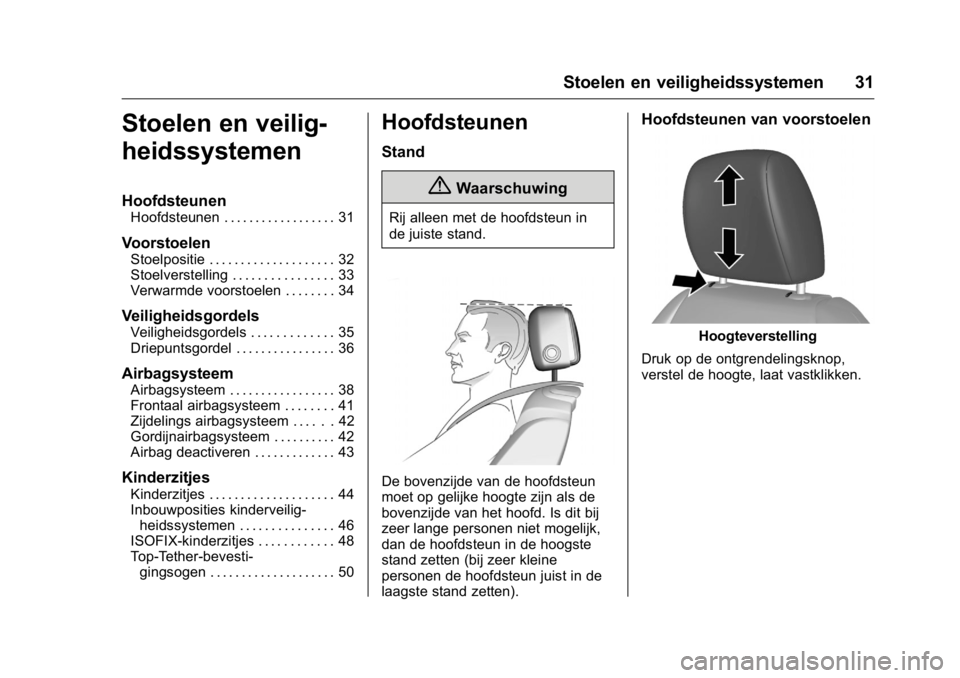 OPEL KARL 2016  Gebruikershandleiding (in Dutch) OPEL Karl Owner Manual (GMK-Localizing-EU LHD-9231167) - 2016 - crc -
9/10/15
Stoelen en veiligheidssystemen 31
Stoelen en veilig-
heidssystemen
Hoofdsteunen
Hoofdsteunen . . . . . . . . . . . . . . .