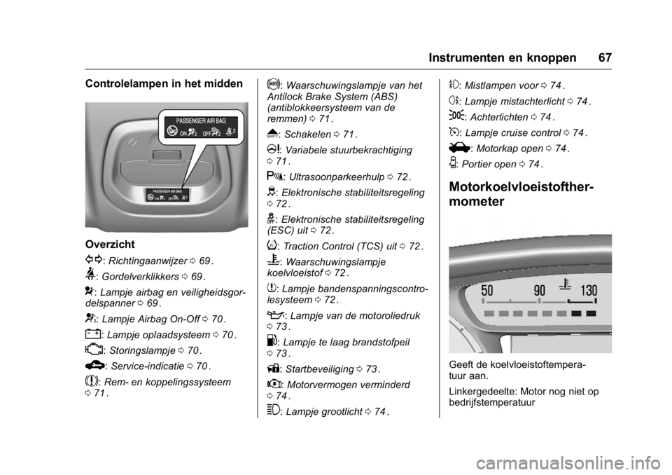 OPEL KARL 2016  Gebruikershandleiding (in Dutch) OPEL Karl Owner Manual (GMK-Localizing-EU LHD-9231167) - 2016 - crc -
9/10/15
Instrumenten en knoppen 67
Controlelampen in het midden
Overzicht
G:Richtingaanwijzer 069ii.
>:Gordelverklikkers 069ii.
9: