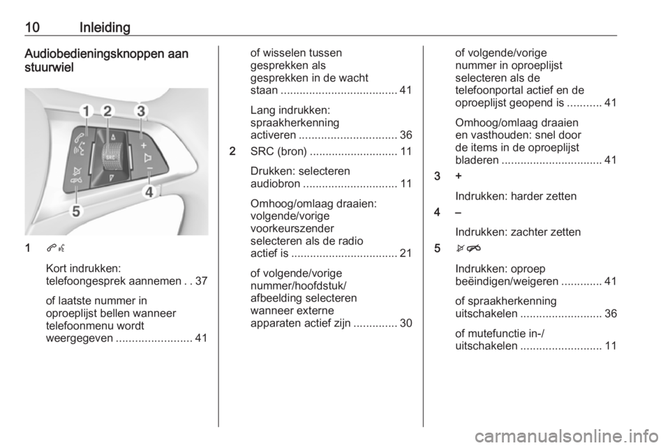 OPEL KARL 2016.5  Handleiding Infotainment (in Dutch) 10InleidingAudiobedieningsknoppen aan
stuurwiel
1 qw
Kort indrukken:
telefoongesprek aannemen ..37
of laatste nummer in
oproeplijst bellen wanneer
telefoonmenu wordt
weergegeven ......................