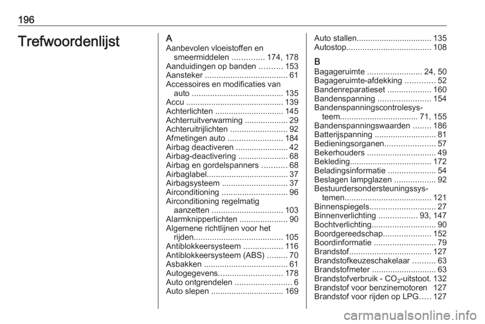 OPEL KARL 2016.5  Gebruikershandleiding (in Dutch) 196TrefwoordenlijstAAanbevolen vloeistoffen en smeermiddelen  ..............174, 178
Aanduidingen op banden  ..........153
Aansteker  .................................... 61
Accessoires en modificatie