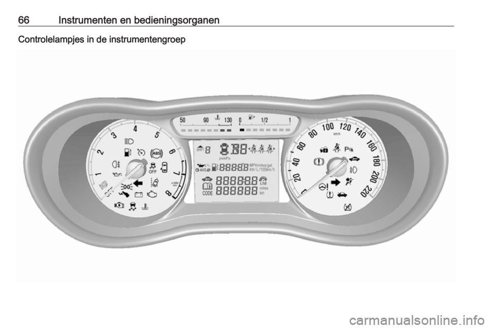 OPEL KARL 2016.5 Gebruikershandleiding (in Dutch) 66Instrumenten en bedieningsorganenControlelampjes in de instrumentengroep OPEL KARL 2016.5 Gebruikershandleiding (in Dutch) 66Instrumenten en bedieningsorganenControlelampjes in de instrumentengroep