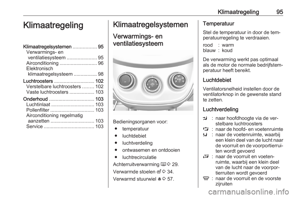 OPEL KARL 2016.5  Gebruikershandleiding (in Dutch) Klimaatregeling95KlimaatregelingKlimaatregelsystemen.................95
Verwarmings- en ventilatiesysteem ......................95
Airconditioning ........................... 96
Elektronisch klimaatre