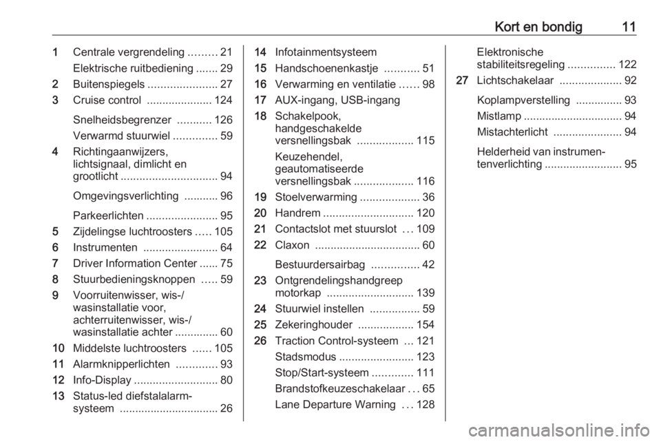 OPEL KARL 2017 Gebruikershandleiding (in Dutch) Kort en bondig111Centrale vergrendeling .........21
Elektrische ruitbediening .......29
2 Buitenspiegels ......................27
3 Cruise control .....................124
Snelheidsbegrenzer ....... OPEL KARL 2017 Gebruikershandleiding (in Dutch) Kort en bondig111Centrale vergrendeling .........21
Elektrische ruitbediening .......29
2 Buitenspiegels ......................27
3 Cruise control .....................124
Snelheidsbegrenzer .......