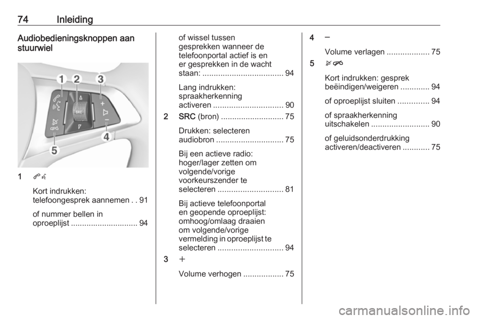 OPEL KARL 2017.5 Handleiding Infotainment (in Dutch) 74InleidingAudiobedieningsknoppen aan
stuurwiel
1 qw
Kort indrukken:
telefoongesprek aannemen ..91
of nummer bellen in
oproeplijst .............................. 94
of wissel tussen
gesprekken wanneer OPEL KARL 2017.5 Handleiding Infotainment (in Dutch) 74InleidingAudiobedieningsknoppen aan
stuurwiel
1 qw
Kort indrukken:
telefoongesprek aannemen ..91
of nummer bellen in
oproeplijst .............................. 94
of wissel tussen
gesprekken wanneer