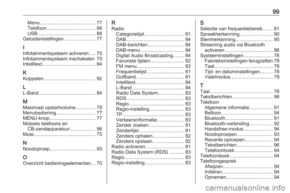 OPEL KARL 2017.5 Handleiding Infotainment (in Dutch) 99Menu......................................... 77
Telefoon .................................... 94
USB ........................................... 88
Geluidsinstellingen .......................77
I I OPEL KARL 2017.5 Handleiding Infotainment (in Dutch) 99Menu......................................... 77
Telefoon .................................... 94
USB ........................................... 88
Geluidsinstellingen .......................77
I I