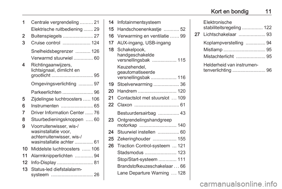 OPEL KARL 2017.5 Gebruikershandleiding (in Dutch) Kort en bondig111Centrale vergrendeling .........21
Elektrische ruitbediening .......29
2 Buitenspiegels ......................27
3 Cruise control .....................124
Snelheidsbegrenzer ....... OPEL KARL 2017.5 Gebruikershandleiding (in Dutch) Kort en bondig111Centrale vergrendeling .........21
Elektrische ruitbediening .......29
2 Buitenspiegels ......................27
3 Cruise control .....................124
Snelheidsbegrenzer .......