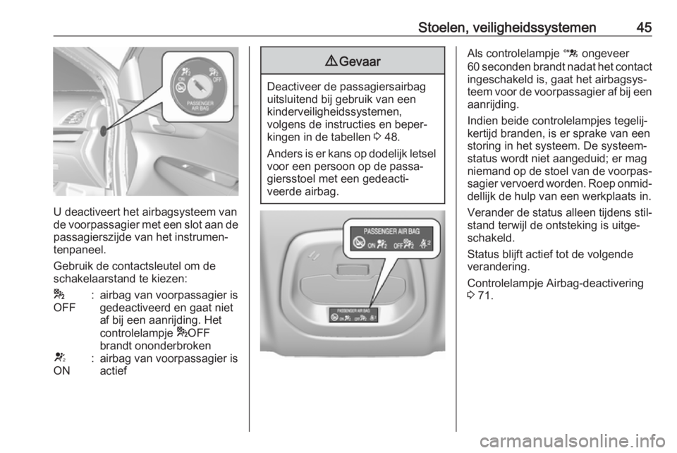 OPEL KARL 2017.5  Gebruikershandleiding (in Dutch) Stoelen, veiligheidssystemen45
U deactiveert het airbagsysteem van
de voorpassagier met een slot aan de passagierszijde van het instrumen‐
tenpaneel.
Gebruik de contactsleutel om de
schakelaarstand 