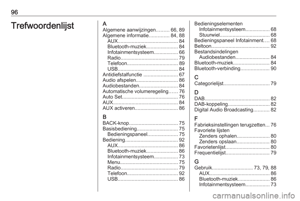 OPEL KARL 2018  Handleiding Infotainment (in Dutch) 96TrefwoordenlijstAAlgemene aanwijzingen .........66, 89
Algemene informatie ..............84, 88
AUX ........................................... 84
Bluetooth-muziek ......................84
Infotainm